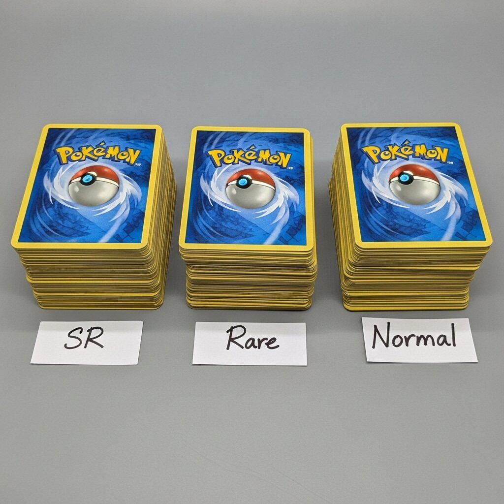 レアリティ別に分けられたポケモンカードの束。SR、R、ノーマルのラベルが貼られている