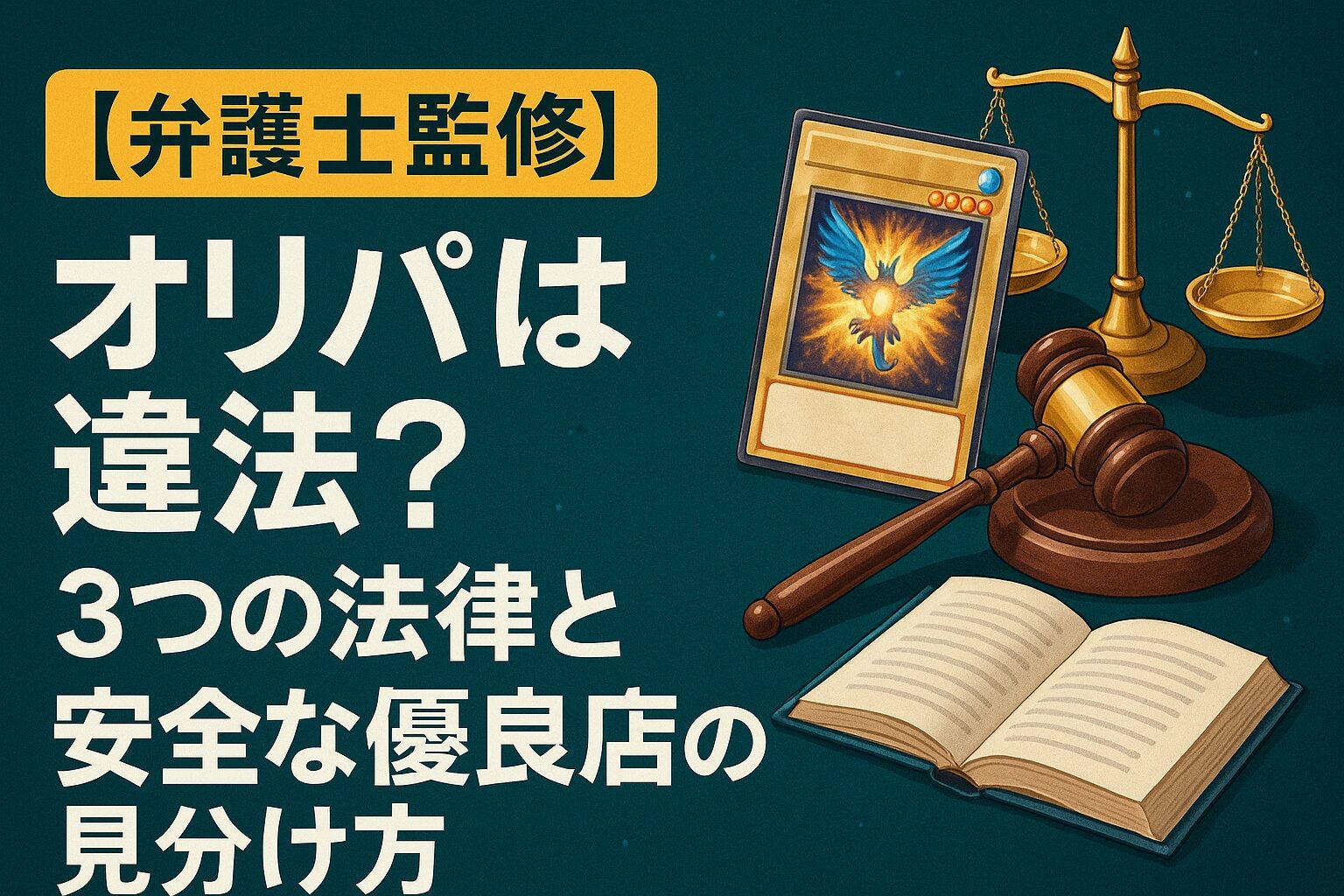 「【弁護士監修】オリパは違法？3つの法律と安全な優良店の見分け方と書かれた見出し画像。左側に大きな日本語タイトル文字、右側にトレーディングカード、天秤、木槌、開いた本のイラストが描かれている。背景は濃い緑色。」