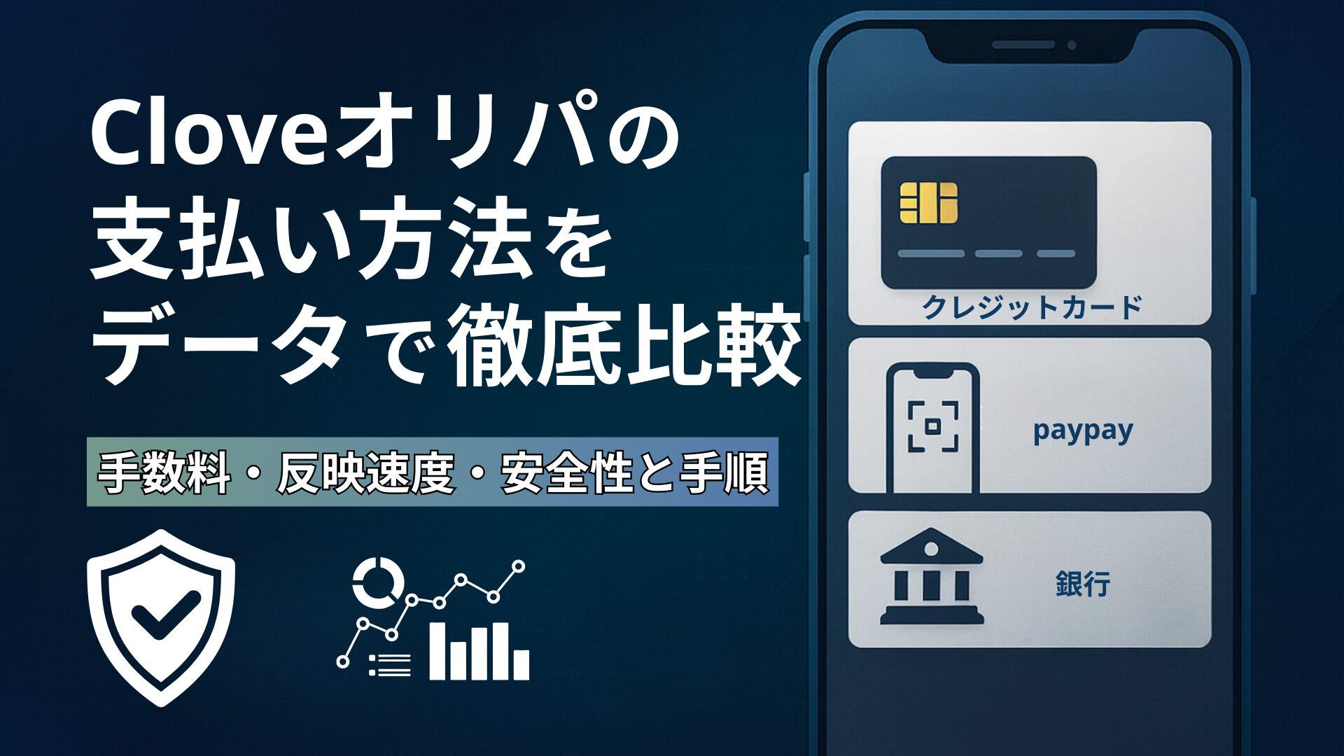 Cloveオリパの支払い方法を徹底比較するアイキャッチ画像。クレジットカード、PayPay、銀行振込の3種類の決済手段をスマートフォン画面風に表示し、手数料・反映速度・安全性を強調。